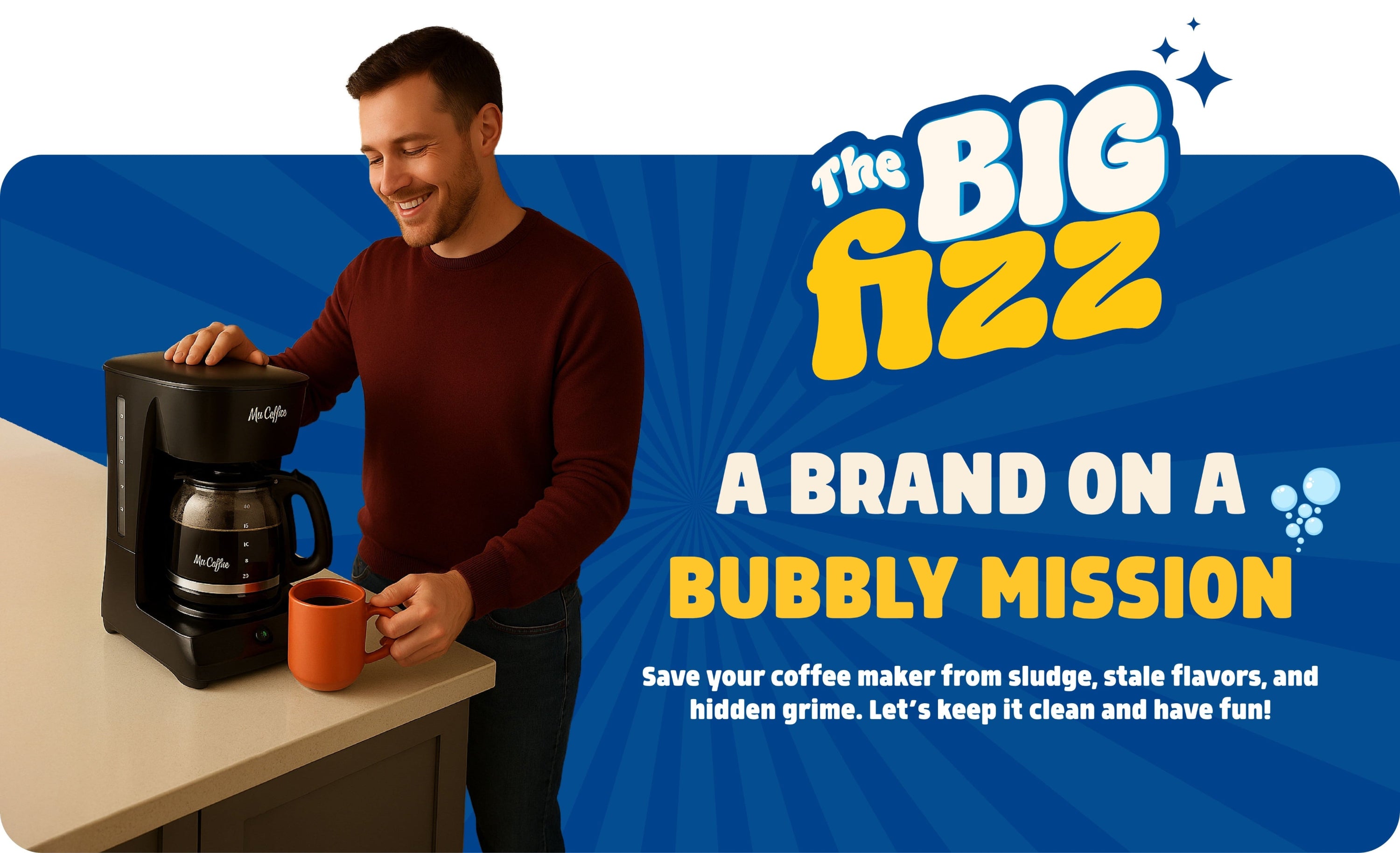 Man using a coffee maker with 'The Big Fizz' branding on a blue background